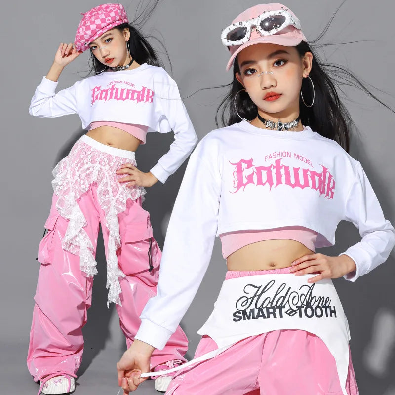 Jazz Dance Clothes For Girls Kpop Outfit Hip Hop Performance Wear Pink Shuffle Pants Kid Street Dance Show Fashion Suit