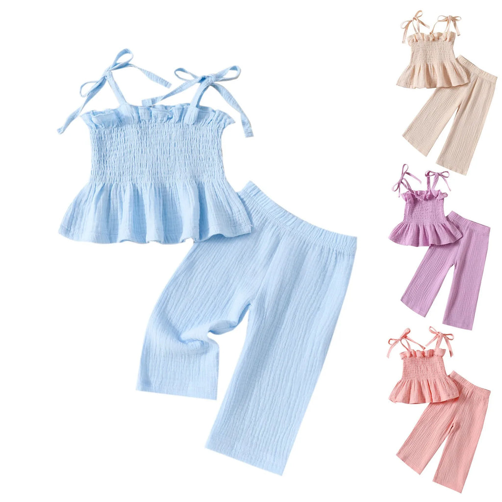 Kids Clothes Girls Pleated Camisole Top+straight Leg Wide Leg Pants Two-piece Sets Summer Basic Versatile Children's Clothing