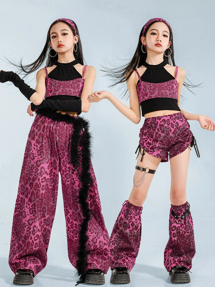 K-pop Girls Leopard Crop Tops Street Dancing Cargo Pants Kid Hip Hop Jazz Shorts Clothes Set Child Streetwear Elegant Costume