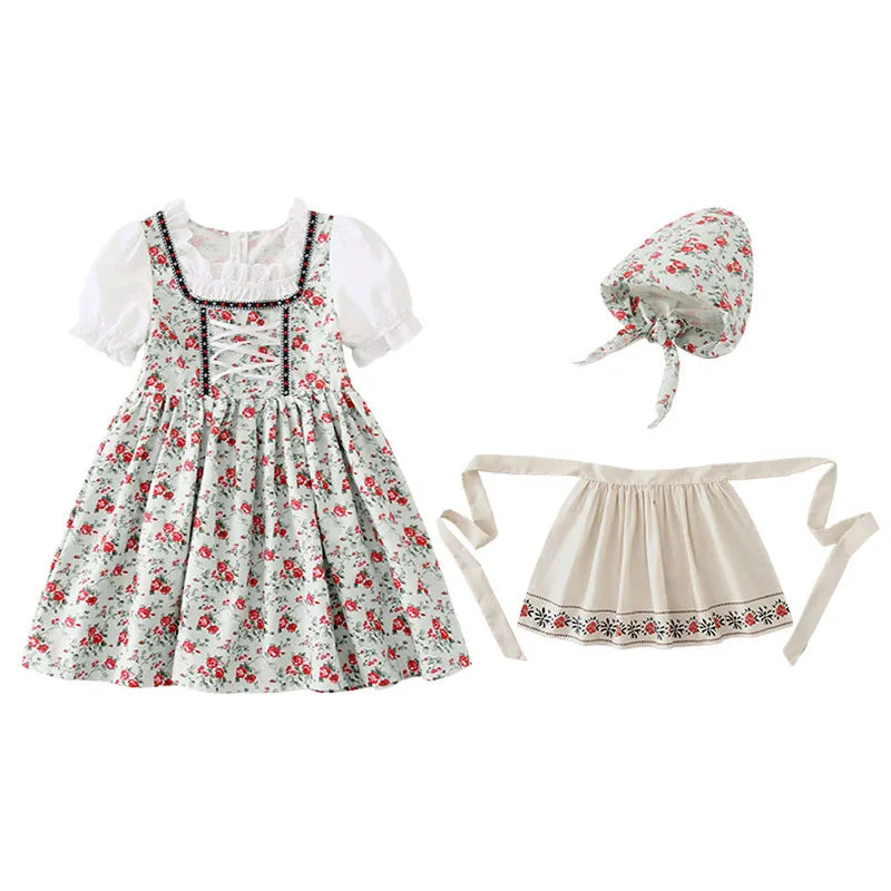 Girls Maid Clothes 3 Piece Set Pastoral Floral Dress Kids German Munich Oktoberfest Costume Sweet Children's Lolita Prom Dress