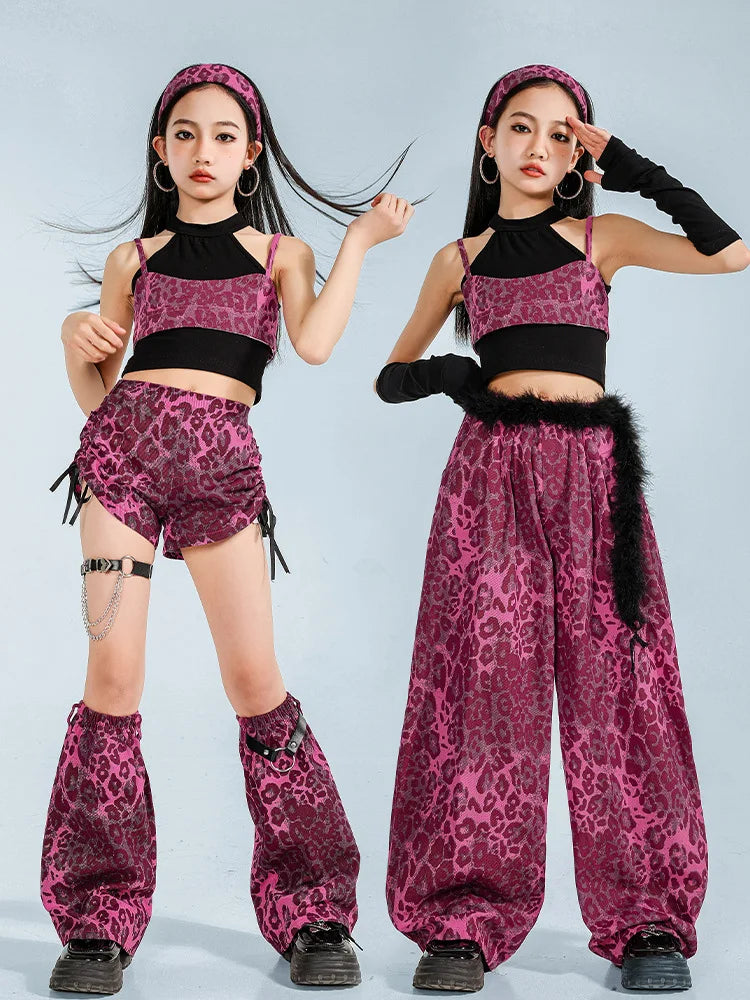 K-pop Girls Leopard Crop Tops Street Dancing Cargo Pants Kid Hip Hop Jazz Shorts Clothes Set Child Streetwear Elegant Costume