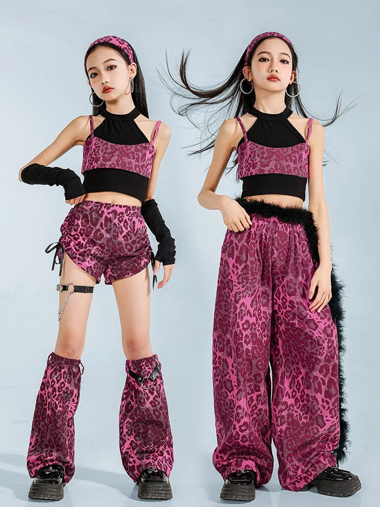 K-pop Girls Leopard Crop Tops Street Dancing Cargo Pants Kid Hip Hop Jazz Shorts Clothes Set Child Streetwear Elegant Costume