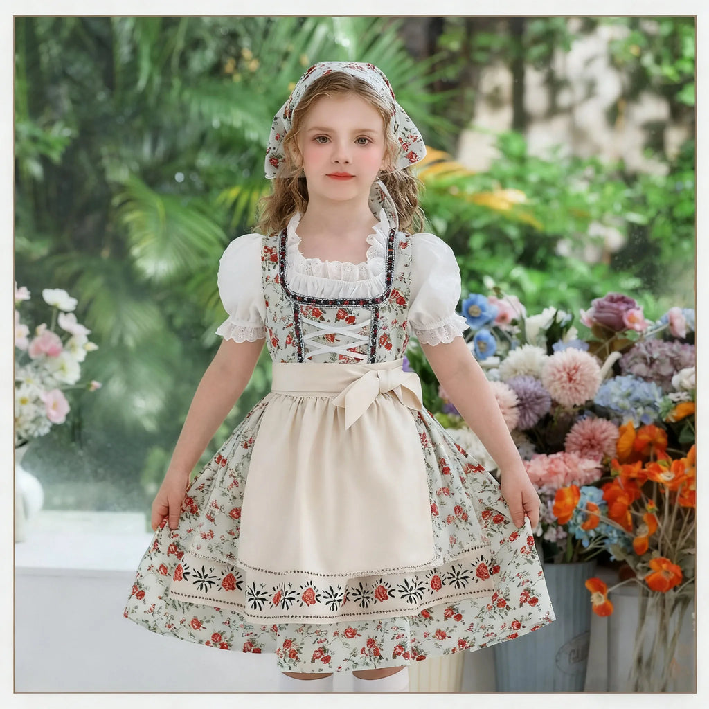 Girls Maid Clothes 3 Piece Set Pastoral Floral Dress Kids German Munich Oktoberfest Costume Sweet Children's Lolita Prom Dress